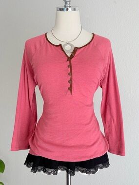 Women's Red Heathered Henley Top with Contrast Trim